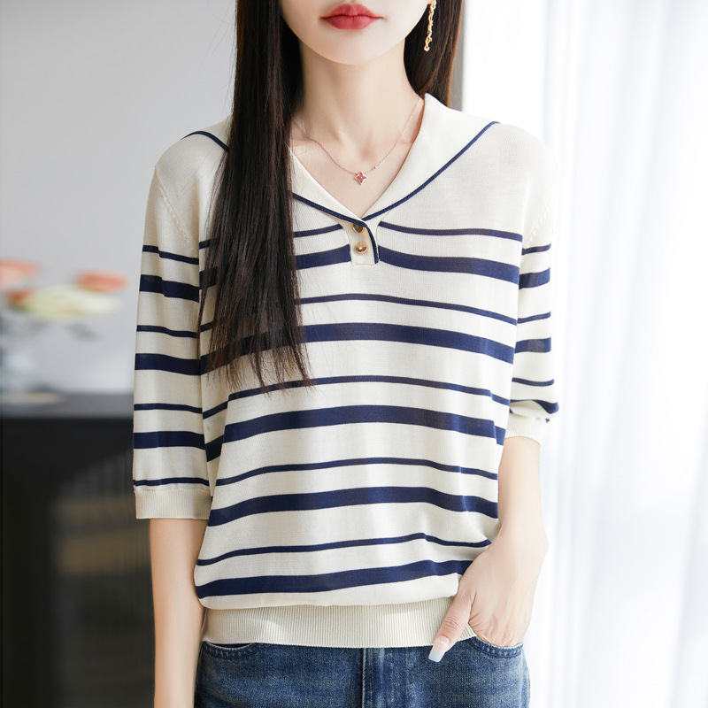 Summer new Lyocell Tencel short-sleeved women's navy collar striped T-shirt pullover fashionable knitted sweater top for women