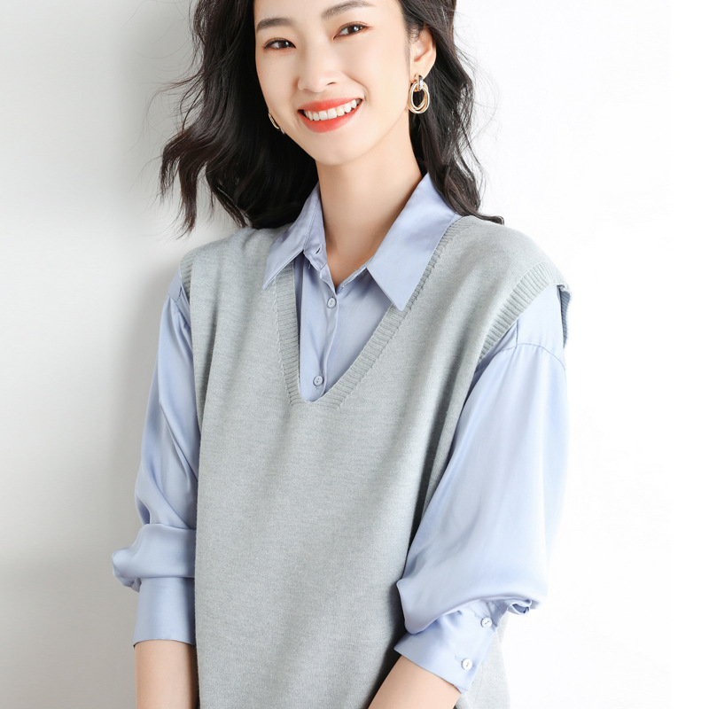 Wool blend 2022 Autumn/Winter new women's loose V-neck solid color short pullover vest Specification image