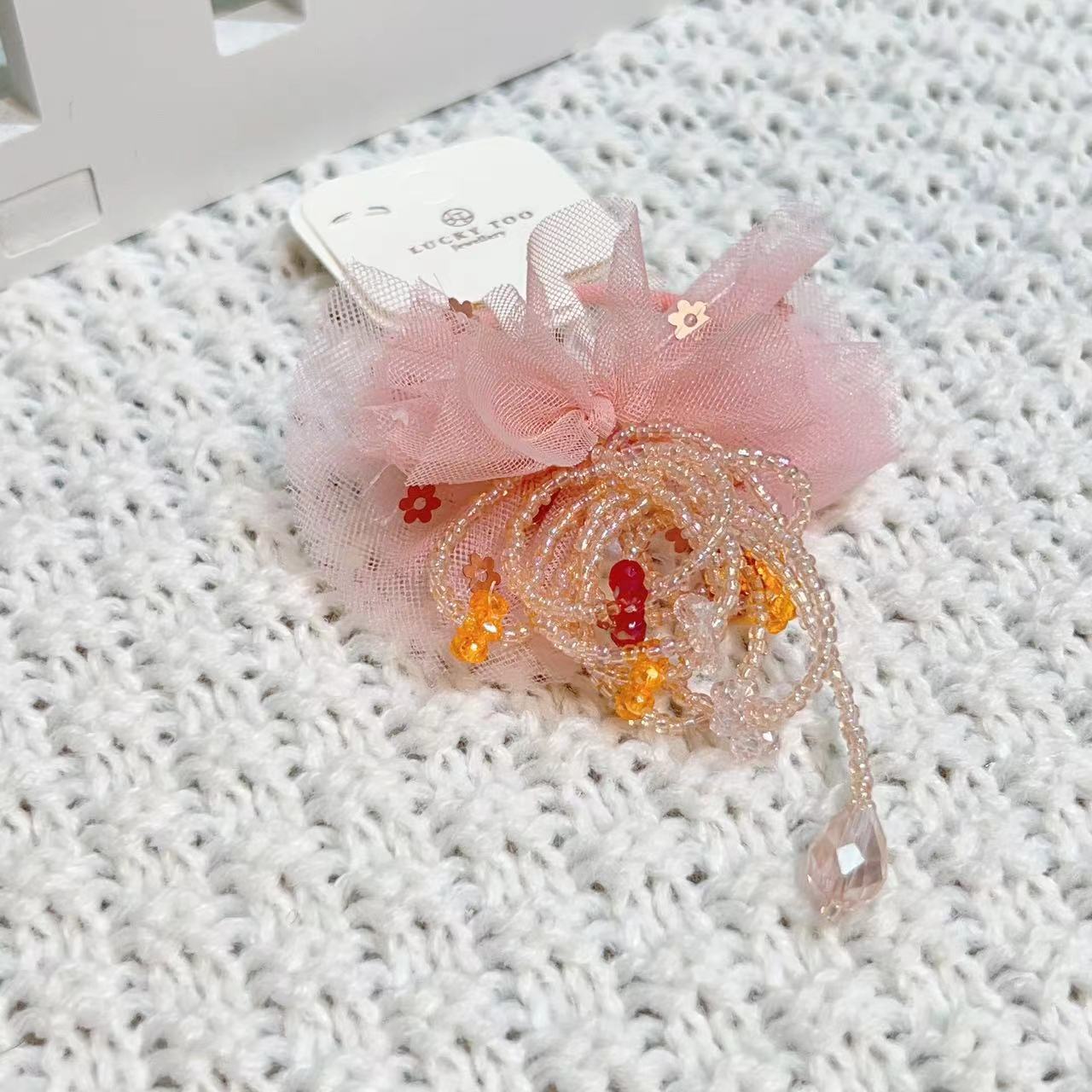 Hair Rope Lt10361 Korean Version New Beaded Flower Crystal Flow Su Sa Sa Bow Tie Hair Rope Specification drawing