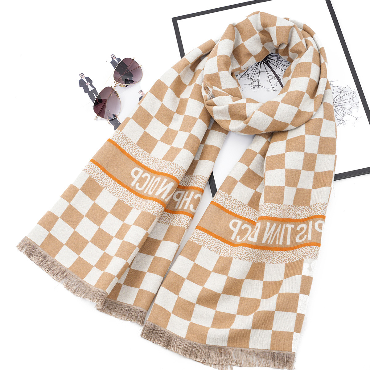 New checkerboard letter imitation cashmere scarf for autumn and winter in Europe and America, thick and warm double-sided shawl for women, long scarf
