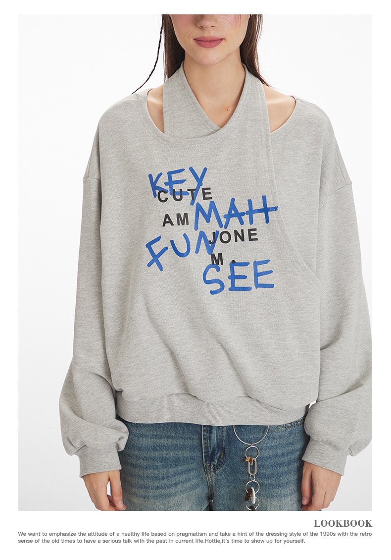 HeyHenry不规则设计感挂脖卫衣女秋季美式宽松一字肩套头辣妹上衣详情18