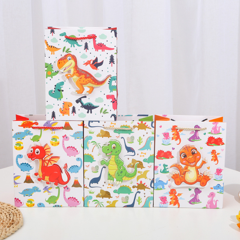Cartoon cute dinosaur 3D patch powder gift bag, hand-held bag, gold-embossed powder paper bag, birthday return gift and souvenir Item Picture