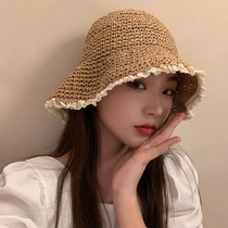 Lace straw hat fisherman hat women's summer day breathable shade sun hat 2021 new foldable straw basin hat