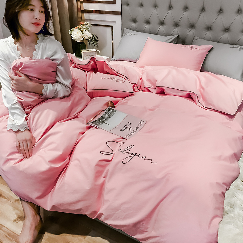Ins Spring And Summer Solid Color Double Cotton Four-Piece Set Simple Plain Cotton Embroidered Flower Bed Sheet And Quilt Set For Bed