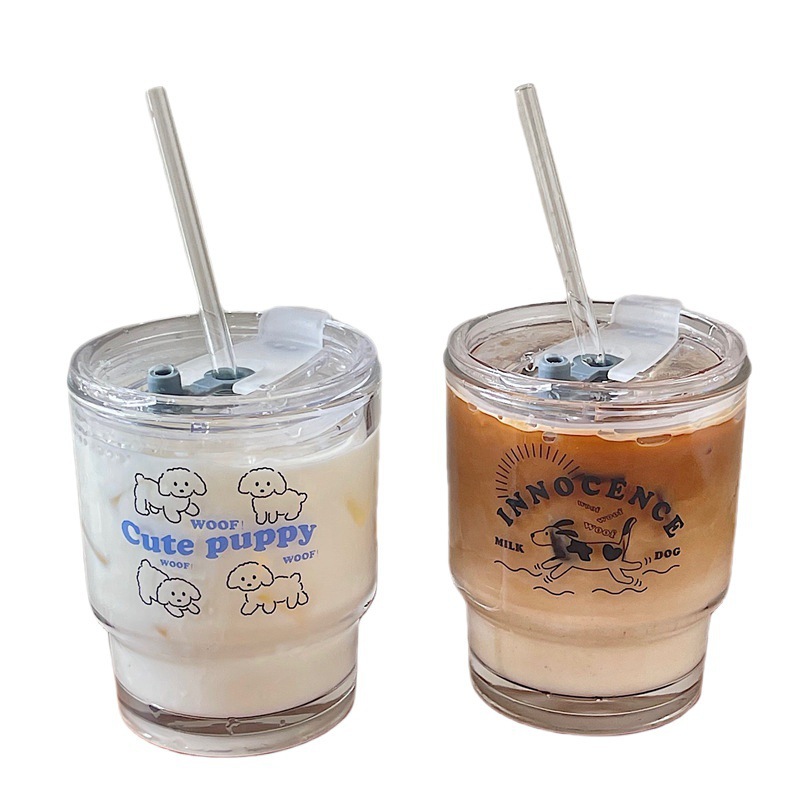 Korean Design Cartoon Dog Glass Bamboo Cup Straw Water Cup Coffee Cup Breakfast Cup With Cover Couple Cup Item Picture