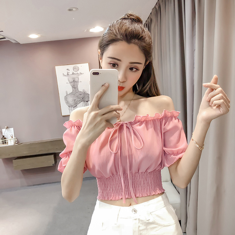 2022夏装新款女装性感露肩一字领系带短款小衫女小清新洋气上衣潮