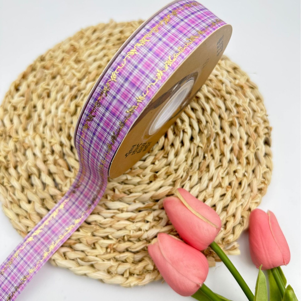 2.5cm checkered ribbon digital gold-embossed webbing ribbed ribbon, diy handmade bar tray ribbon, new style in stock Specification image