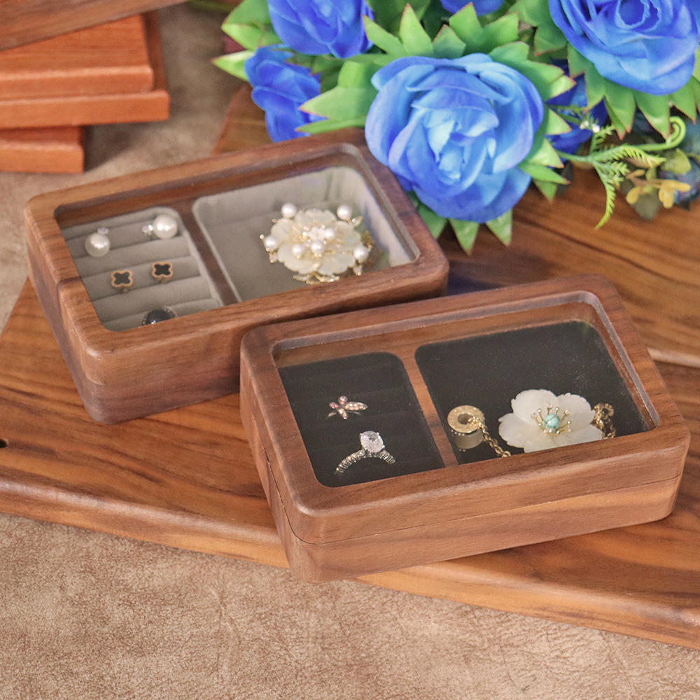 Portable walnut wood jewelry storage box, jewelry, rings, bracelets, wooden cosmetic gift box, visible window for women Specification drawing