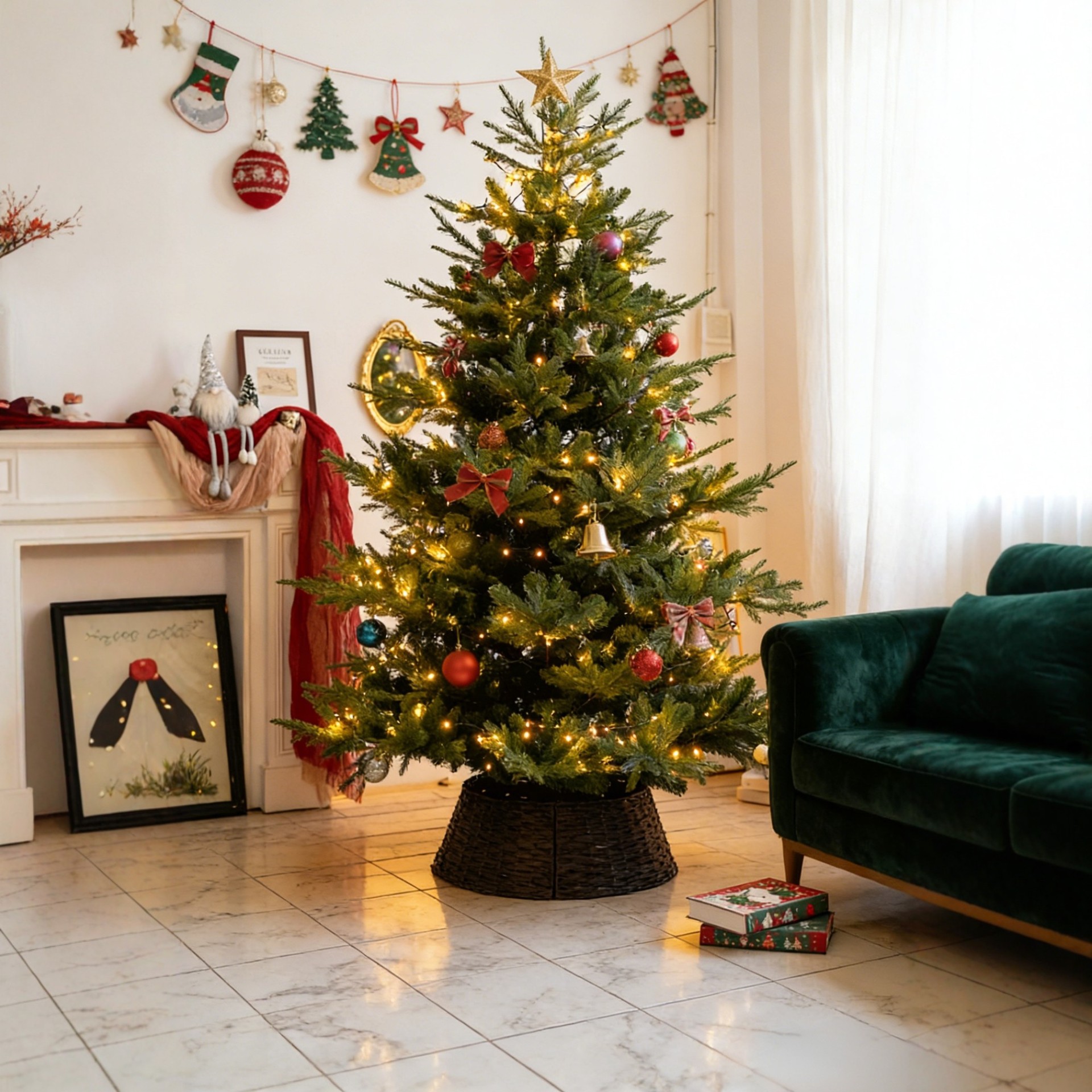The Christmas tree skirt exudes a sense of sophistication. It features a decorative canopy under the Christmas tree and a Nordic retro Christmas tree decoration base