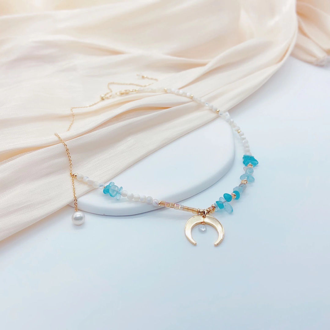 Summer Personality Trend: Midsummer Night Moon Pearl Necklace, Crescent Pendant Aquamarine Natural Freshwater Pearl Necklace Specification image