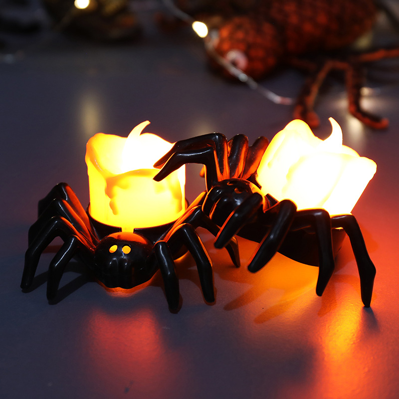 万圣节南瓜灯气氛布置装饰道具LED电子蜡烛灯发光蜘蛛小夜灯摆件
