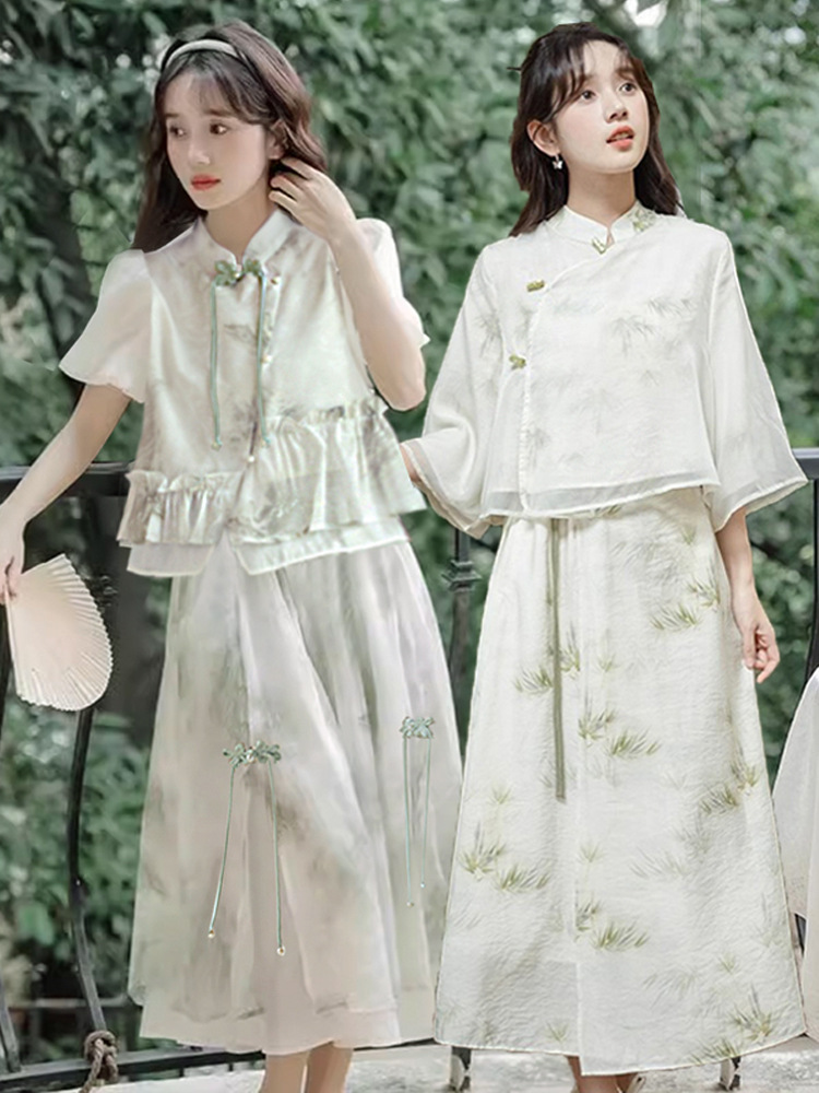 New Chinese-style traditional Chinese style improved Han element dress daily set, petite student best friend summer button-up cheongsam girl details Picture