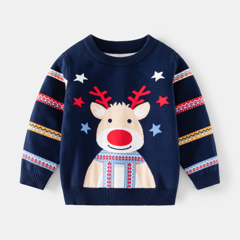 欧美风童装男童圣诞小鹿套头毛衣秋新款跨境直供儿童彩条袖针织衫详情图1