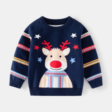 欧美风童装男童圣诞小鹿套头毛衣秋新款跨境直供儿童彩条袖针织衫