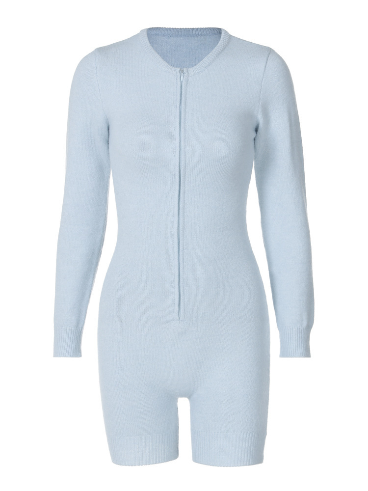 European and American Amazon cross-border women's clothing 2024 Autumn new long-sleeved solid color zipper tight knitted sweater jumpsuit Item Picture