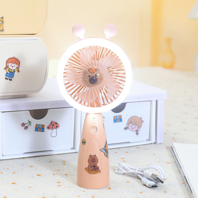New three-speed strong wind power cartoon sticker handheld fan, student portable charging LED light desktop small fan Specification image