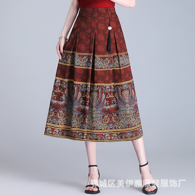 "National trend and style wide-leg pants for women, summer thin ice silk mom pants, high-waisted loose positioning printed culottes, seven-inch pants. Specification image