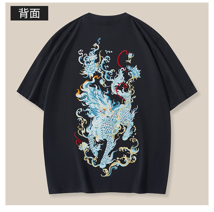 Summer new Qilin Heavy Industry embroidered pure cotton short-sleeved T-shirt for men, loose and large-sized casual Chinese trend brand round-neck shirt