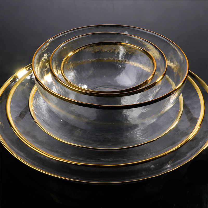 Gold Rim Glass Plate Japanese Cold Pattern Plate Household Pyrex Bowl Fruit Vegetable Dessert Salad Bowl Glass Tableware