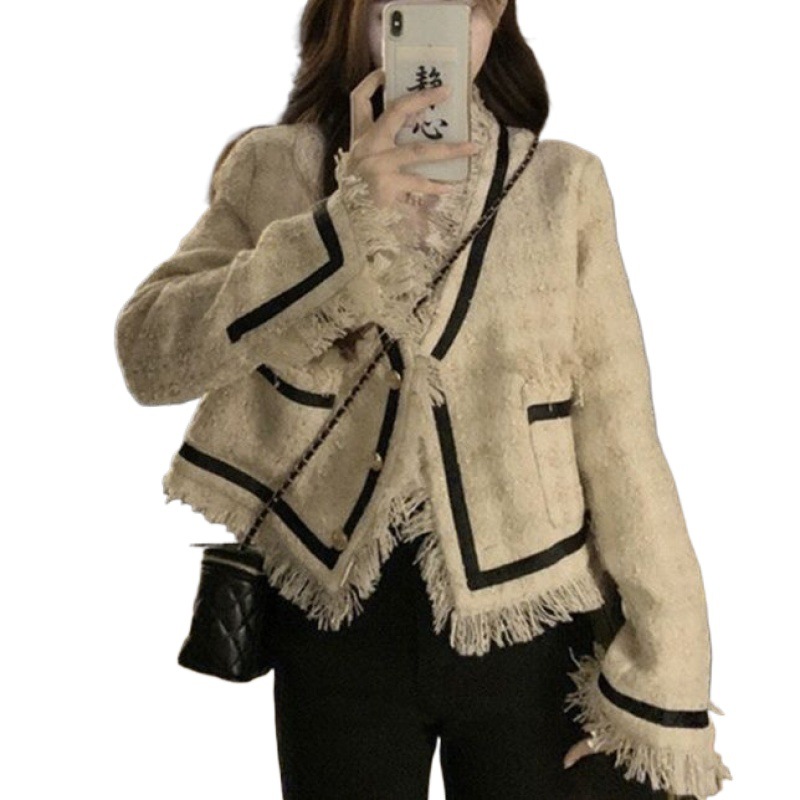 Large Size Sweet Korean Version Of The New Color Contrast Braided Fringe Design Sense Of Small Fragrance Style Long Sleeve Blouse Female Coat Item Picture