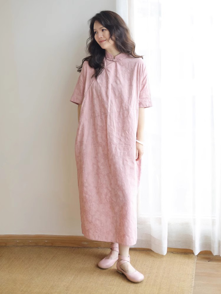 New Chinese-style slanted lapel with slit, retro cocoon-shaped jacquard improved cheongsam dress, loose long dress for women