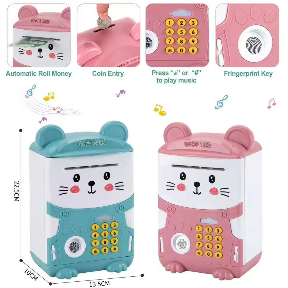 Cartoon fingerprint piggy bank, money box, light and music, ATM password box, automatic roll money, gifts and toys Specification image