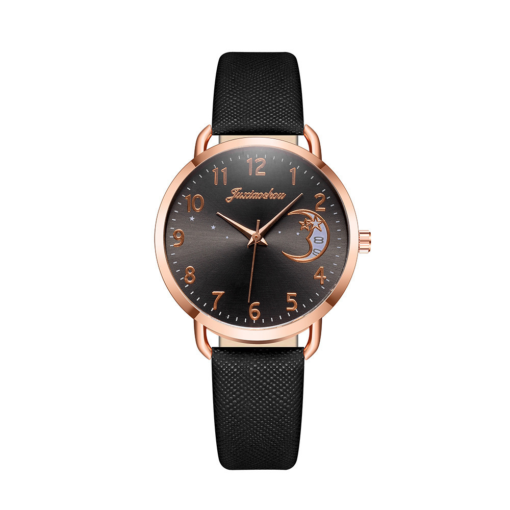 Cross-border hot Douyin live fashion moon pattern PU leather ladies simple student watch supply quartz watch Specification drawing