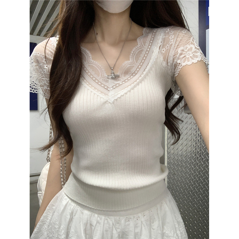 甜辣妹花边领夏设计感蕾丝小飞袖短袖修身显瘦针织衫女上衣