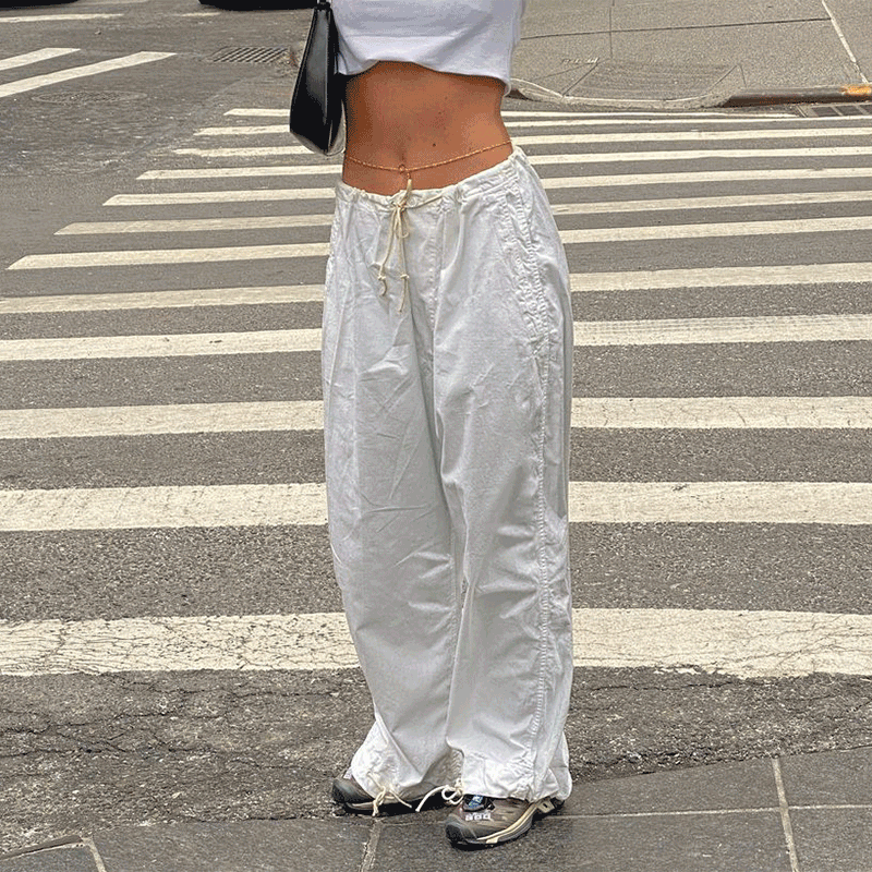 2022时尚新款欧美辣妹阔腿裤梭织裤宽松多口袋复古抽绳工装裤女装