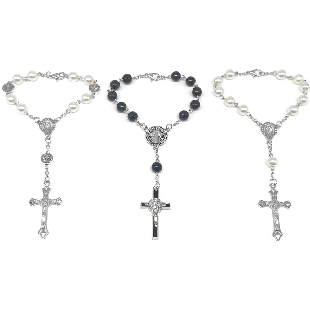 European And American Foreign Trade Cross-Border Hot Sales Black Glass Beads White Imitation Pearl Rosary Bracelet Drop Oil Cross Beaded Nine-Word Needle Curved Needle Bracelet Manufacturers Wholesale Item Picture