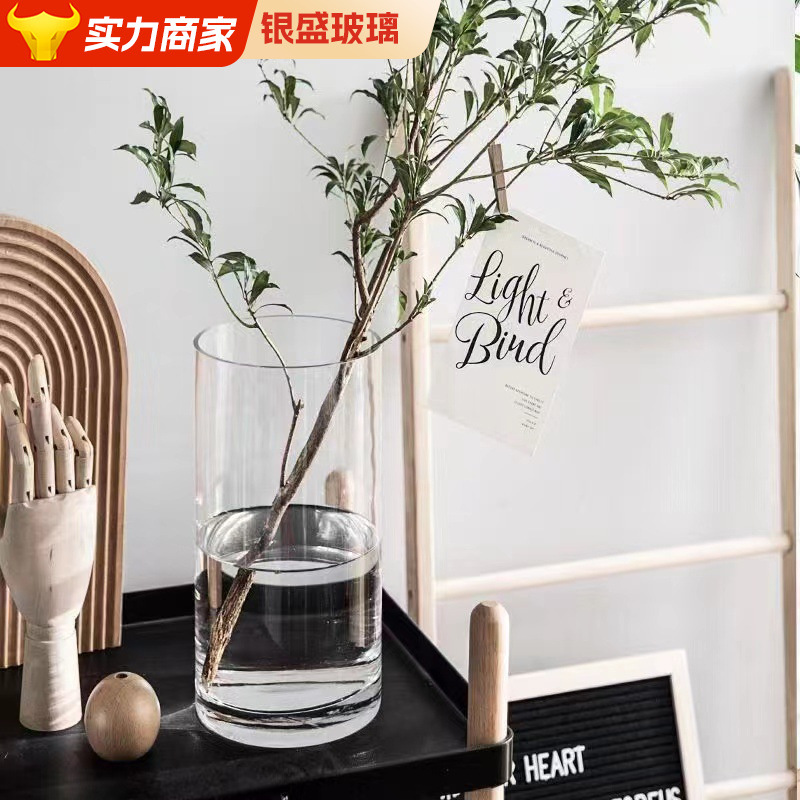 高硼硅玻璃花瓶水培植物瓶透明落地富贵竹直筒圆形鲜花餐桌摆件