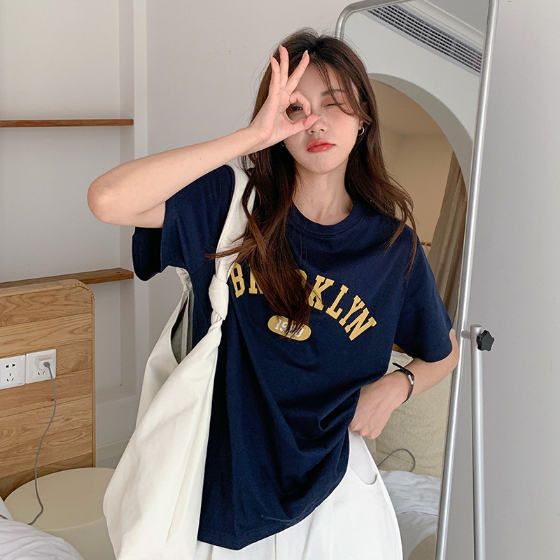 Cotton printed summer loose short-sleeved T-shirt for female students, simple letter Korean style round-neck INS top for women, sent on delivery Specification image