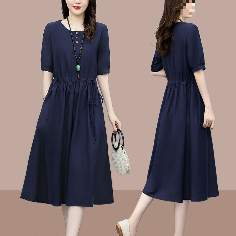 Mid-length cotton and linen dress for women, new summer 2024, high-end and elegant, waist-cinching, slimming and belt-covering A-line dress Specification image