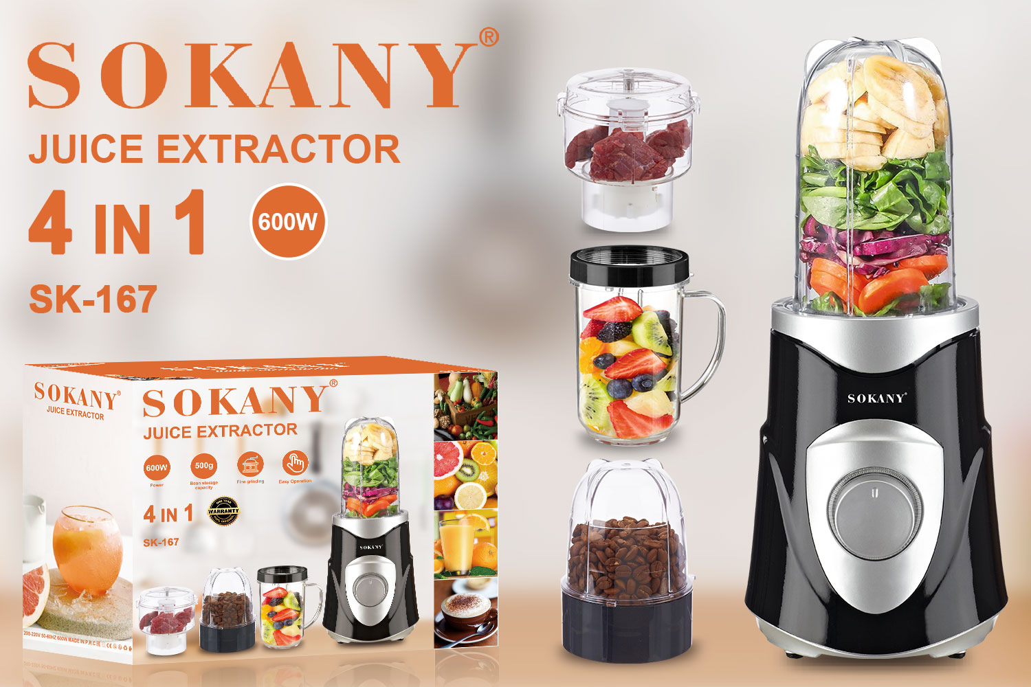 Foreign trade SOKANY167 Juicer, Food processor, fresh Juicer with grinding Cup, 4-in-1 blender Specification image