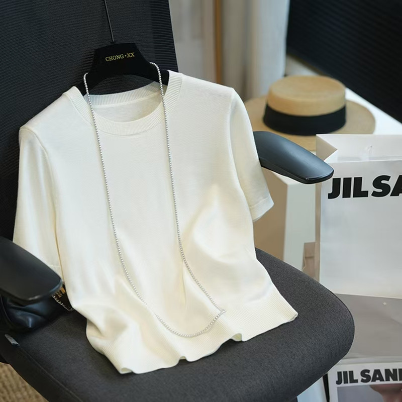 High-end fine-spun wool and mulberry silk thin short-sleeved knitted sweater, loose and versatile round-neck half-sleeve T-shirt for women in summer pic 6