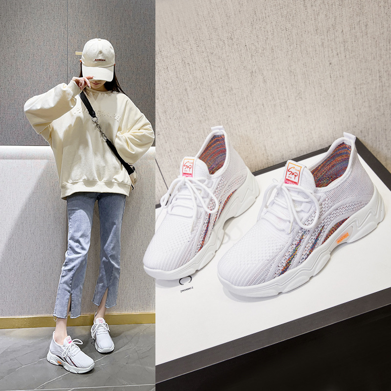 Shoes Women 2024 Spring New Korean Version Of The Trend Sports Shoes Thick Sole Increase Casual Single Shoes Breathable Flying Weaving Women's Shoes Specification drawing