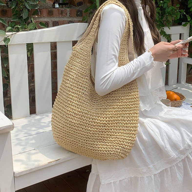 2025 New woven bag for women, fashionable and versatile, summer beach bag, large-capacity woven handbag, single-shoulder bag details Picture