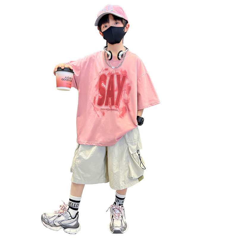 Boys' Summer Set 2024 New Style Zhongda Tong letter-printed short-sleeved T-shirt Loose quick-drying midpants two-piece set Item Picture