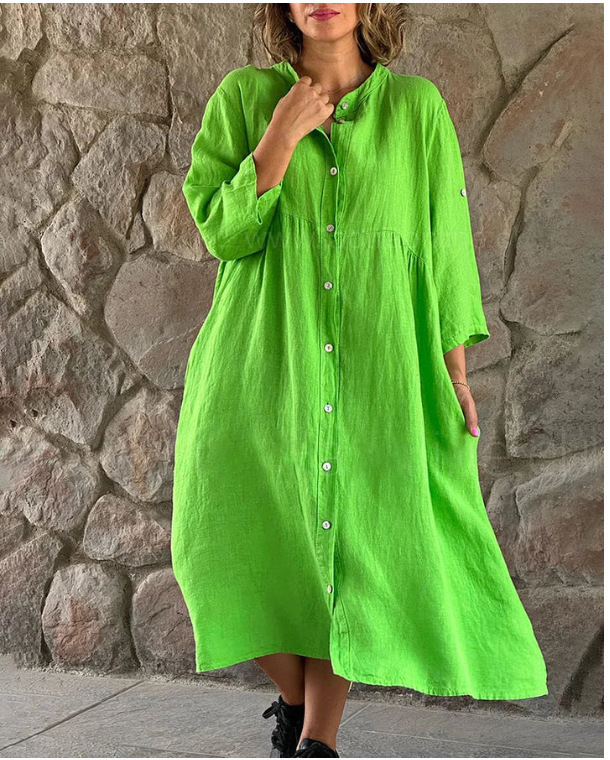 Wholesale of the new cotton and linen solid-color casual button long dress on Amazon and ebay cross-border women's Clothing AliExpress in 2023 Specification image