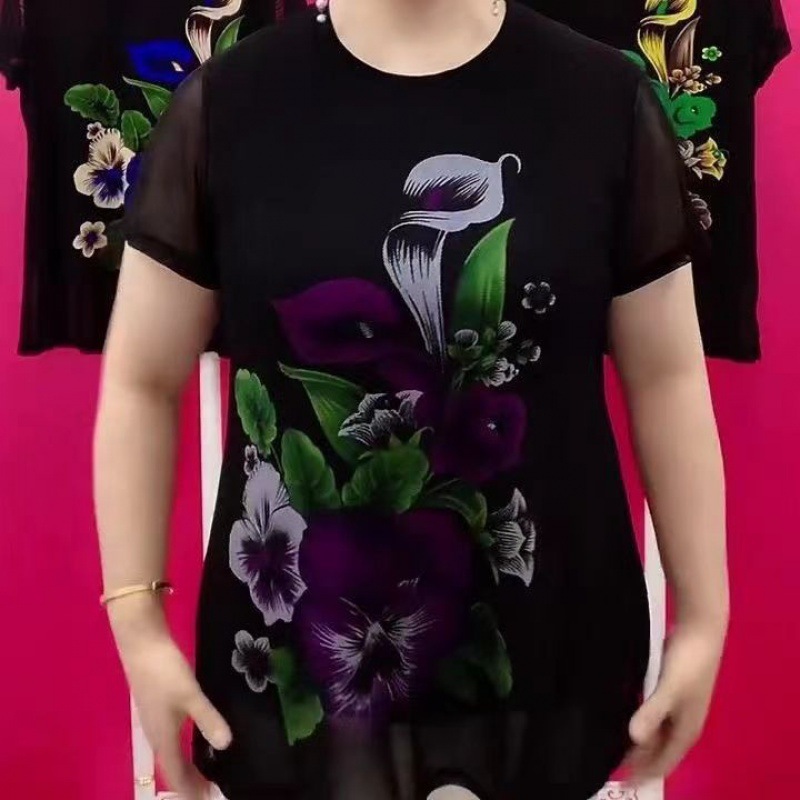 A short-sleeved lace chiffon blouse for middle-aged and elderly women, stylish, large-sized, loose and slimming chiffon blouse with a belly cover Specification image