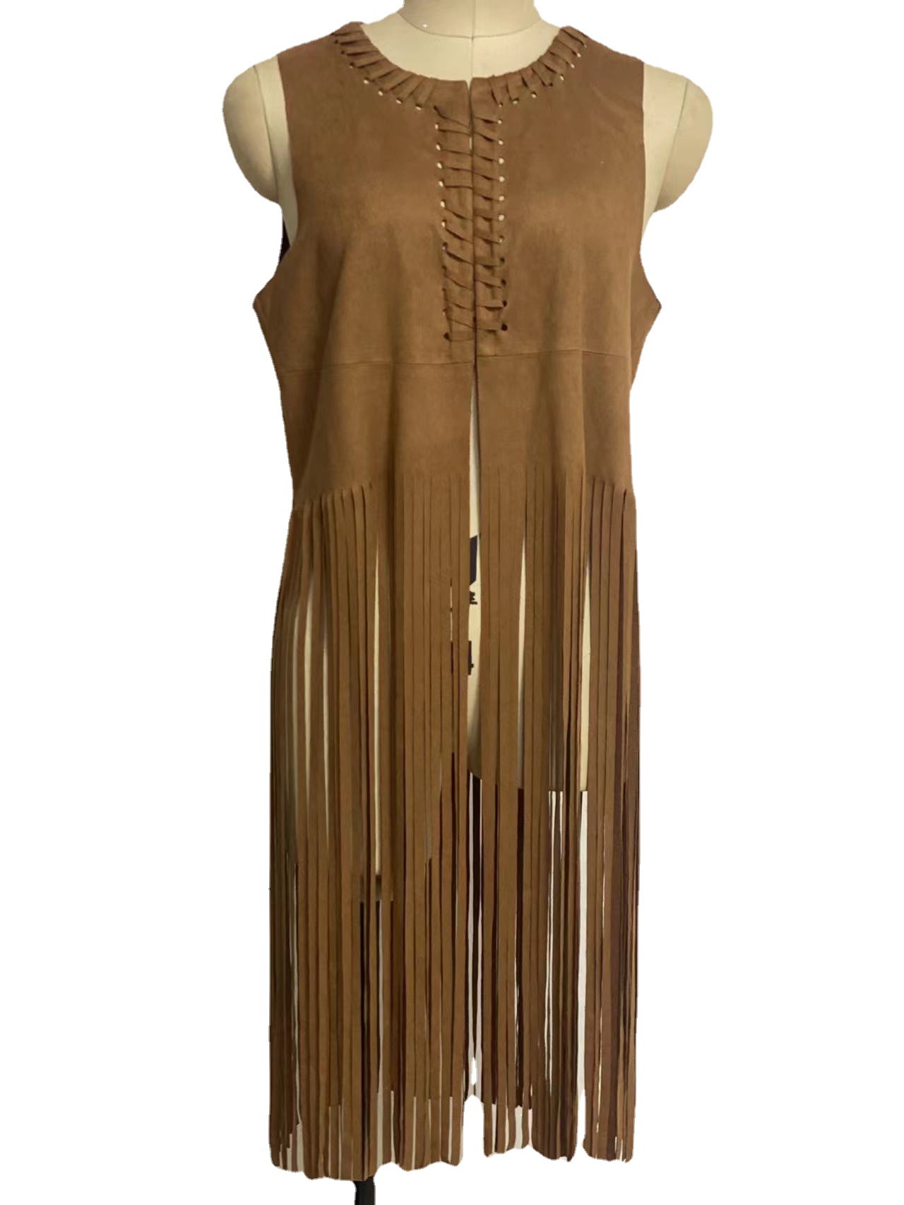 In-stock European and American style shawl suede fringed vest for women, sleeveless mid-length waistcoat for outerwear Item Picture
