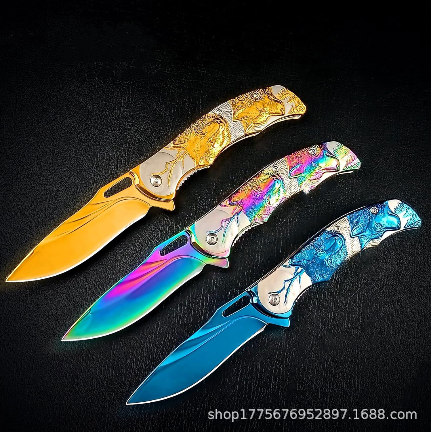 Cross-border best-selling outdoor knife 3D Wolf pattern folding knife camping travel survival knife small folding knife in stock details Picture