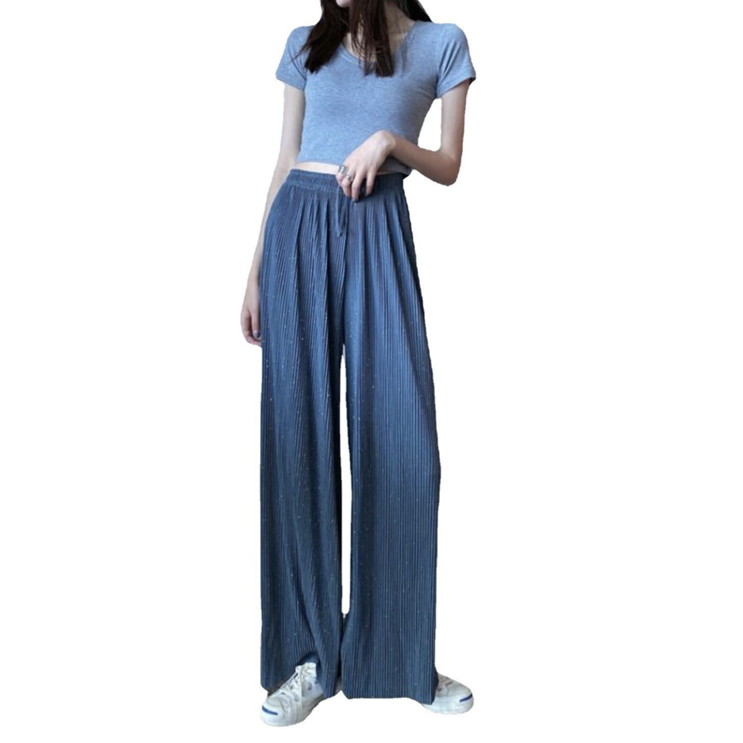 2024 New Chiffon Pleated Ice Silk Starry Sky Shining Broad Leg Pants For Women Spring And Summer Thin Loose Straight Tube Pendant Pants Item Picture