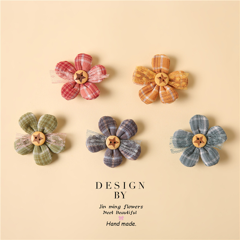 diy fabric handcrafted flower accessories, checkered five-petal flower accessories, retro and cute children's clothing accessories, forest-themed five-petal