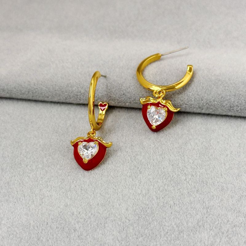South Korea Advanced New Fashion Light Luxury Style C-Word Earrings Red Love Earrings Inlaid With Pick Stone Temperament Female Earrings