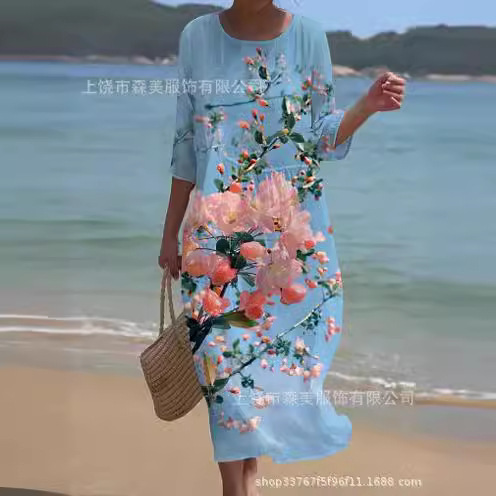 Summer 2024 Cross-border Amazon European and American women's round-neck long printed casual and fashionable women's dresses Application Scenario