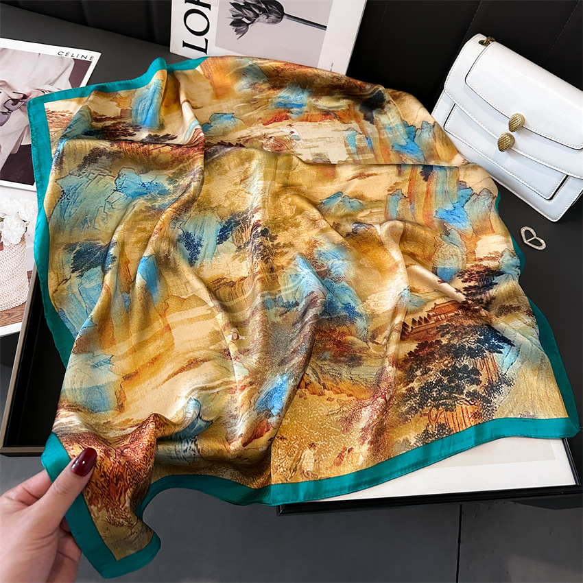 Chinese trend and style silk scarf landscape ink wash square scarf 70cm imitation silk scarf Thousand Miles of rivers and mountains Picture New spring and summer women's silk scarf