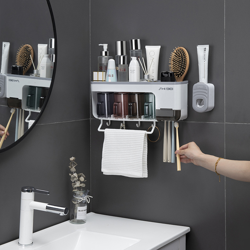 [Toothbrush Holder Set] Wall-Mounted Toothbrush Holder Hole-Free Toiletries Cup Holder Household Bathroom Storage Rack details Picture