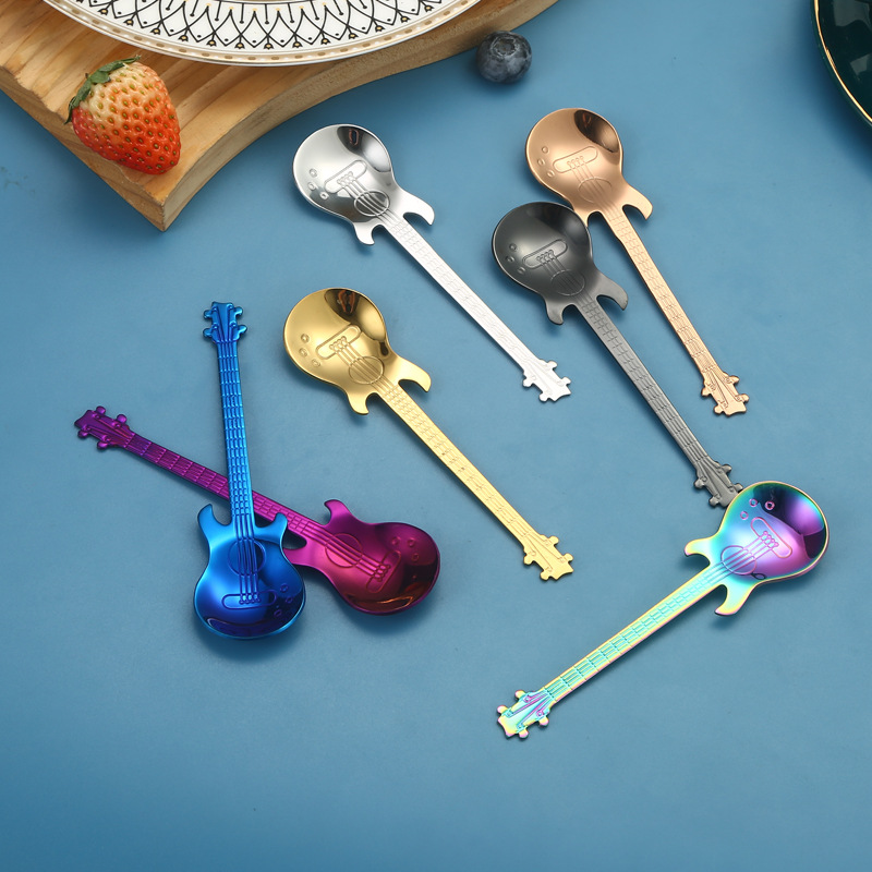 亚马逊304不锈钢吉他勺子 创意奇特咖啡勺搅拌甜品调羹彩色音乐吧