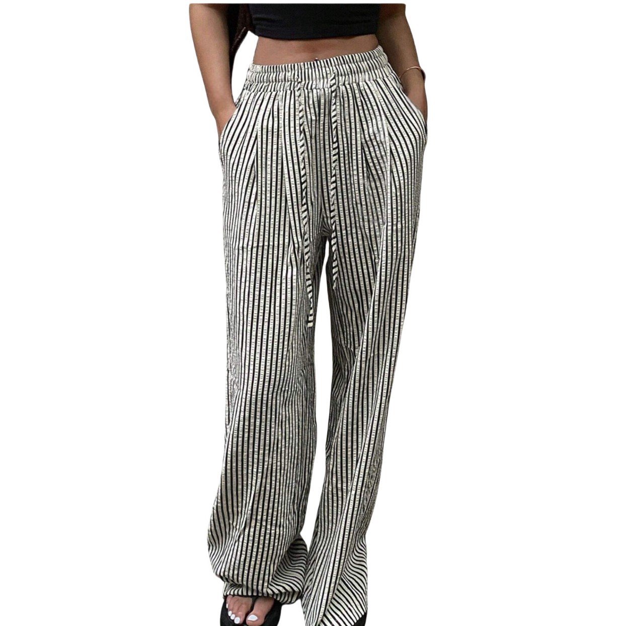 2024 Amazon, ebay, AliExpress, wish, European and American women's striped loose waist adjustable drawstring casual pants Item Picture
